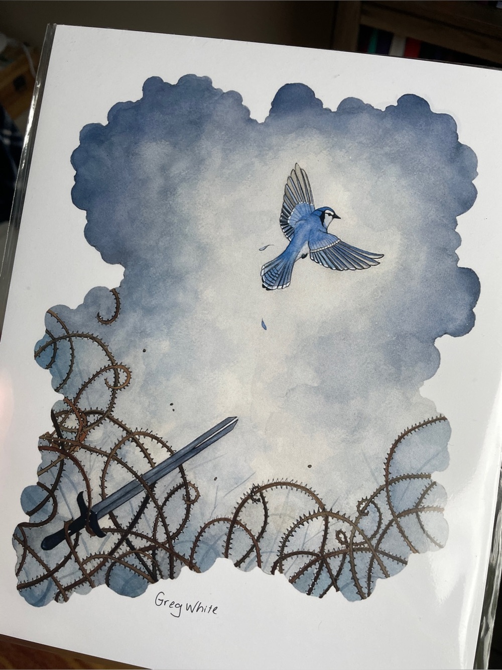 Bluejay bird sword thorns tarot art print Greg White blue Jay Ace of Swords 8x10